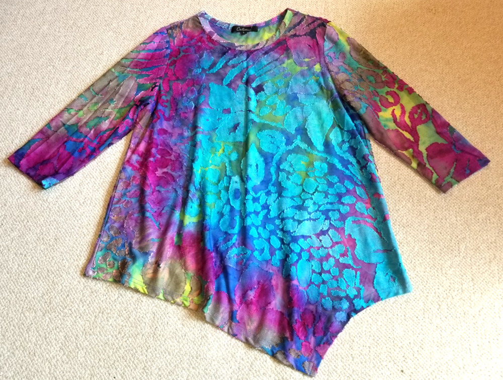Womens Top-CALESSA-multicolor 'Burnout Knit Asymmetrical Hem Tunic' lagenlook-L